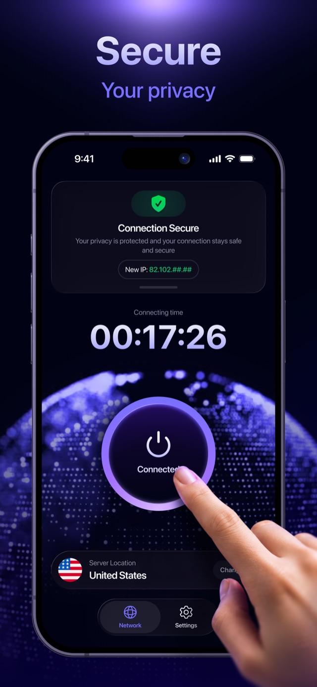 HideNow VPN connected, showing a secure connection and a masked IP address