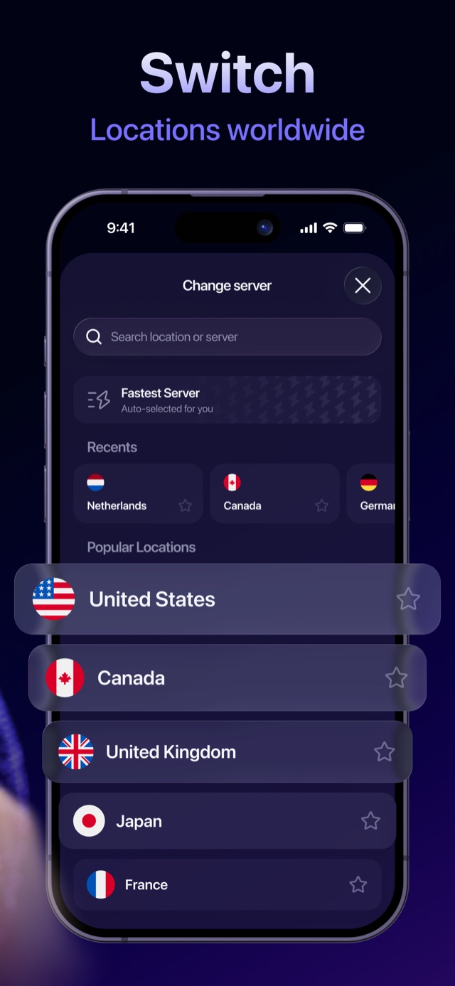 Server picker with search, Fastest Server, recents and a list of countries