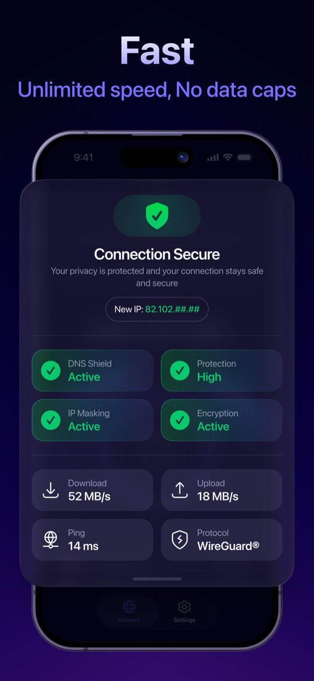 Connection details showing DNS Shield, IP masking, encryption status, and live speed and ping