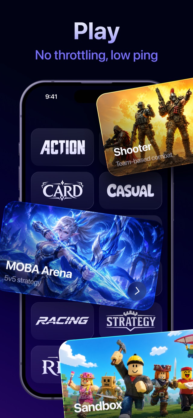 Gaming categories browsing screen inside the app