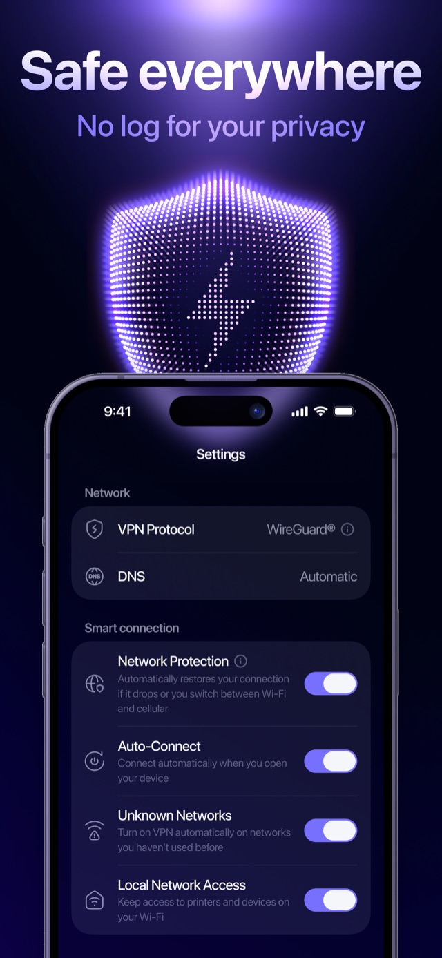 Settings with protocol, DNS and smart connection toggles